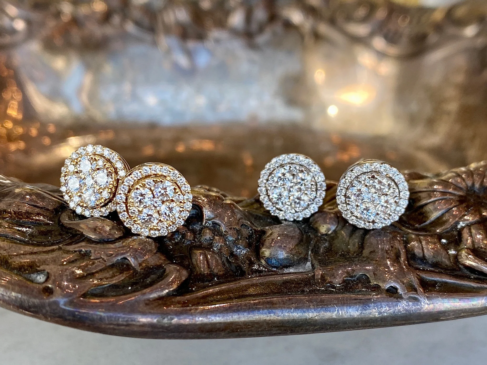 Yellow Gold Cluster Earrings w/ Diamonds - Image 6