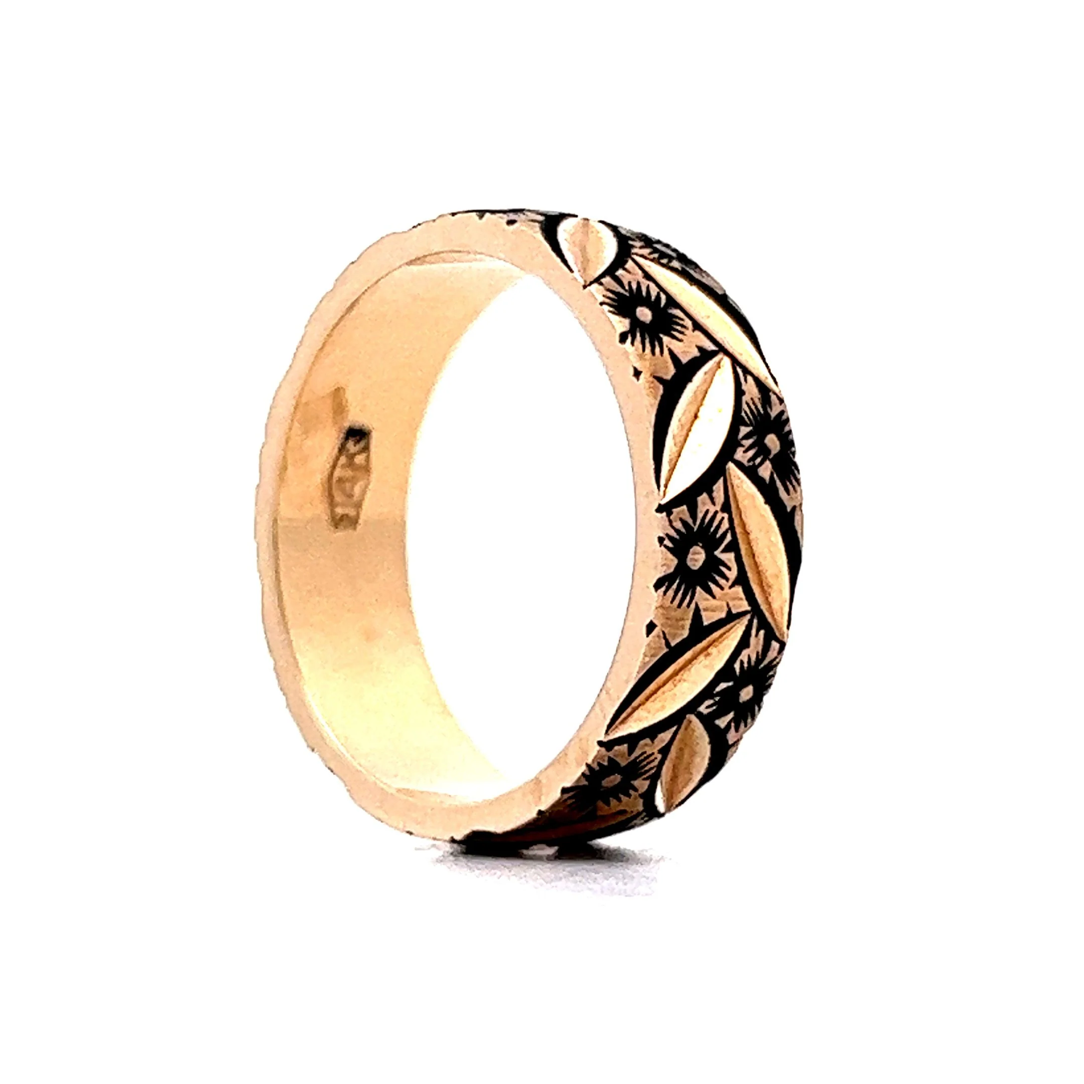 Vintage 1950's Black Enamel Floral Band in 14k Yellow Gold - Image 5
