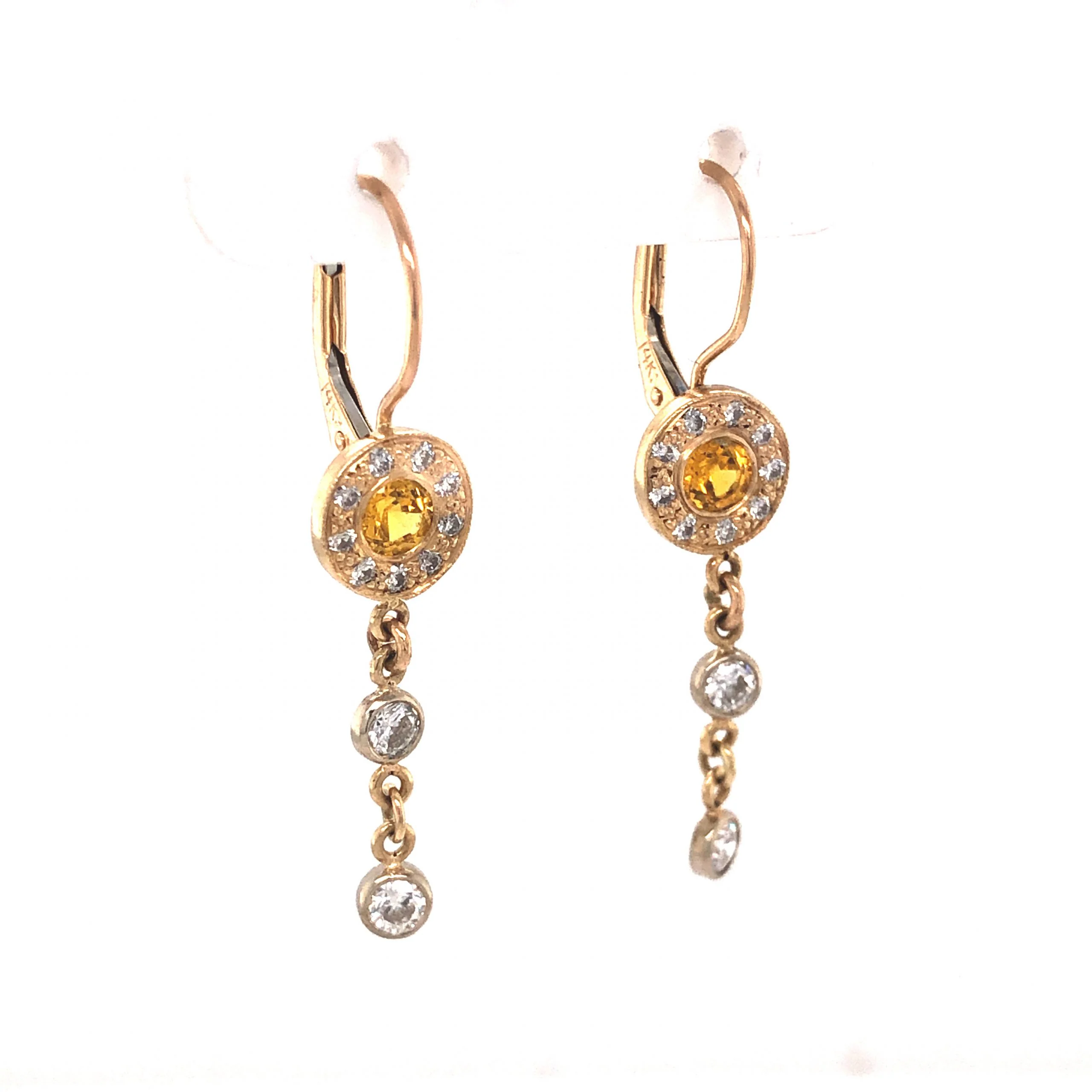 Yellow Sapphire & Diamond Drop Earrings in 14k Yellow Gold - Image 3